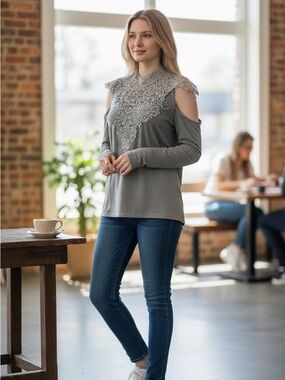 Gray Cold-Shoulder Top with Lace Appliqué